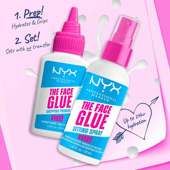 NYX face glue hydrating primer to prep skin, NYX face glue setting spray to lock makeup