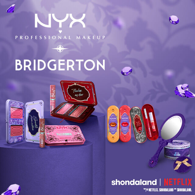 Wide banner for NYX Professional Makeup x Bridgerton collection. Left: 'Dearest reader, the secret's out! Get that royal pout.' text with 'Shop' button. Right: Collection makeup on purple background.