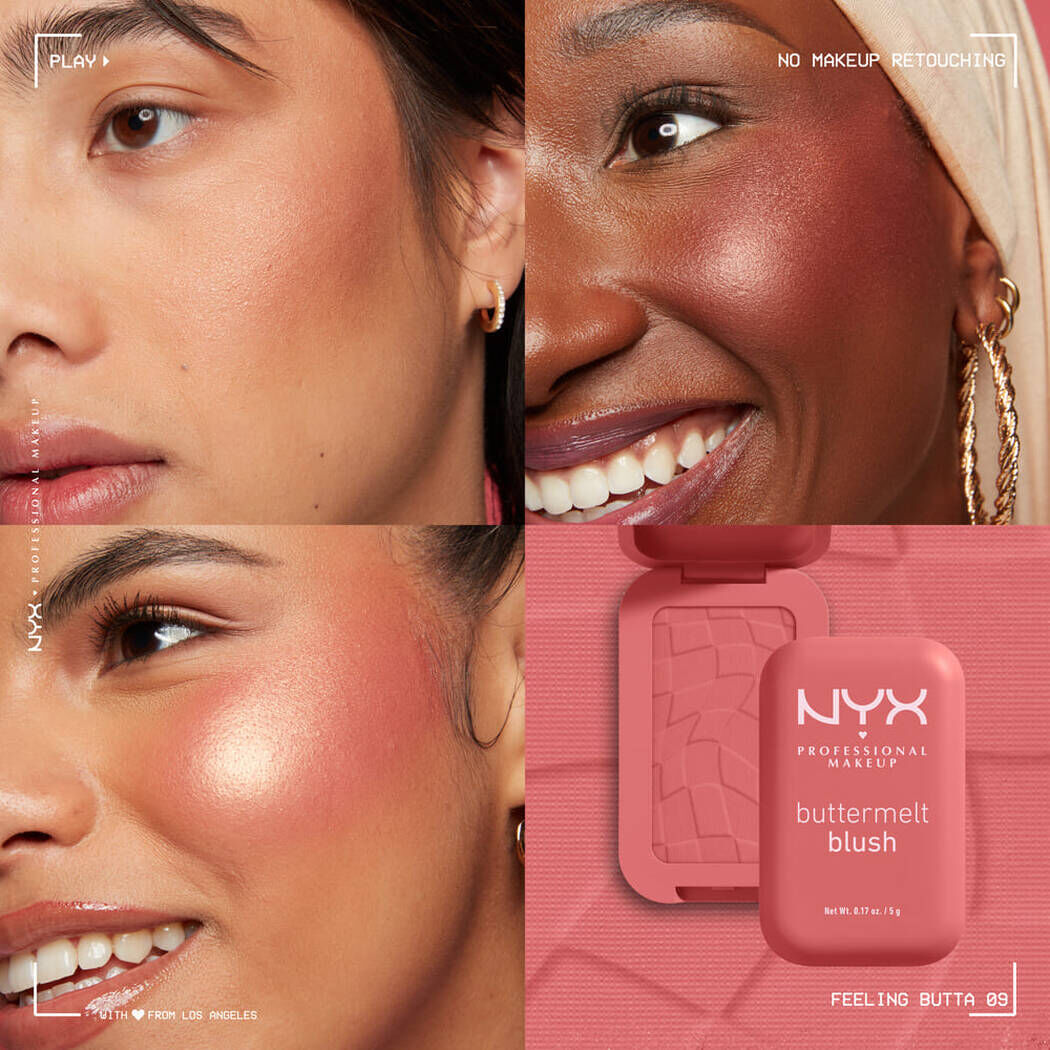 Buttermelt Blush in Feeling Butta 09 applied on medium, tan and dark skin tones