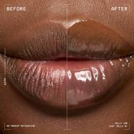 Lip macro showing a before and after close up of model wearing Jelly Job in shade 01 Just Jelly