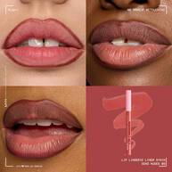 Quadrant showing Lip Lingerie Lip Liner Stain on three models of fair, deep, medium skin tones and the product solider with swatch behind the hex code color in shade 09 Send Nudes
