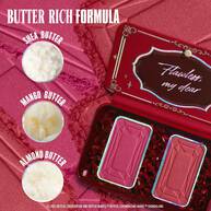 The opened 'NYX Professional Makeup Bridgerton Blush Duo', with three circles indicating key ingredients: Shea Butter, Mango Butter, and Almond Butter, emphasizing a 'Rich Formula' in shade 03 The Queen