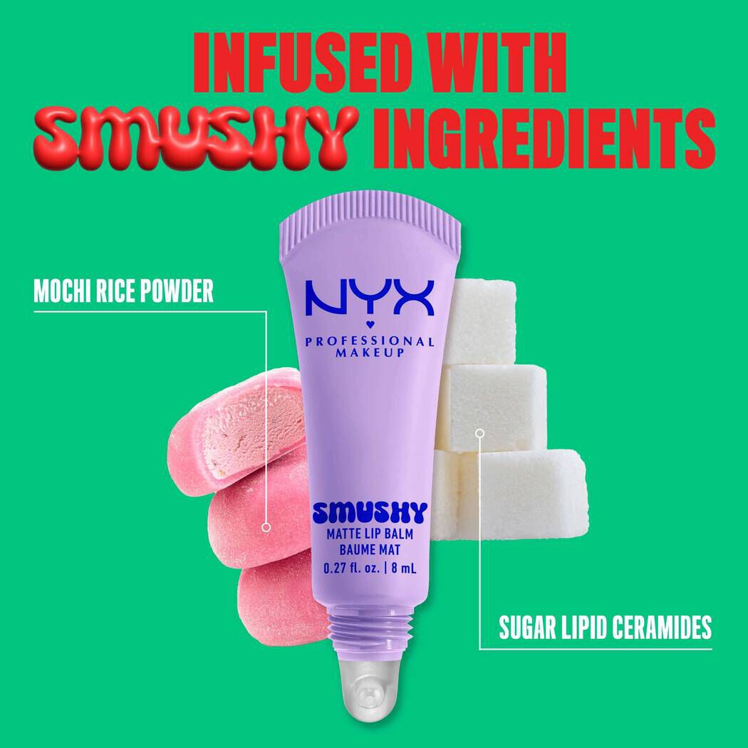 NYX Smushy Matte Lip Balm with mochi rice powder and sugar ceramides for smooth lips