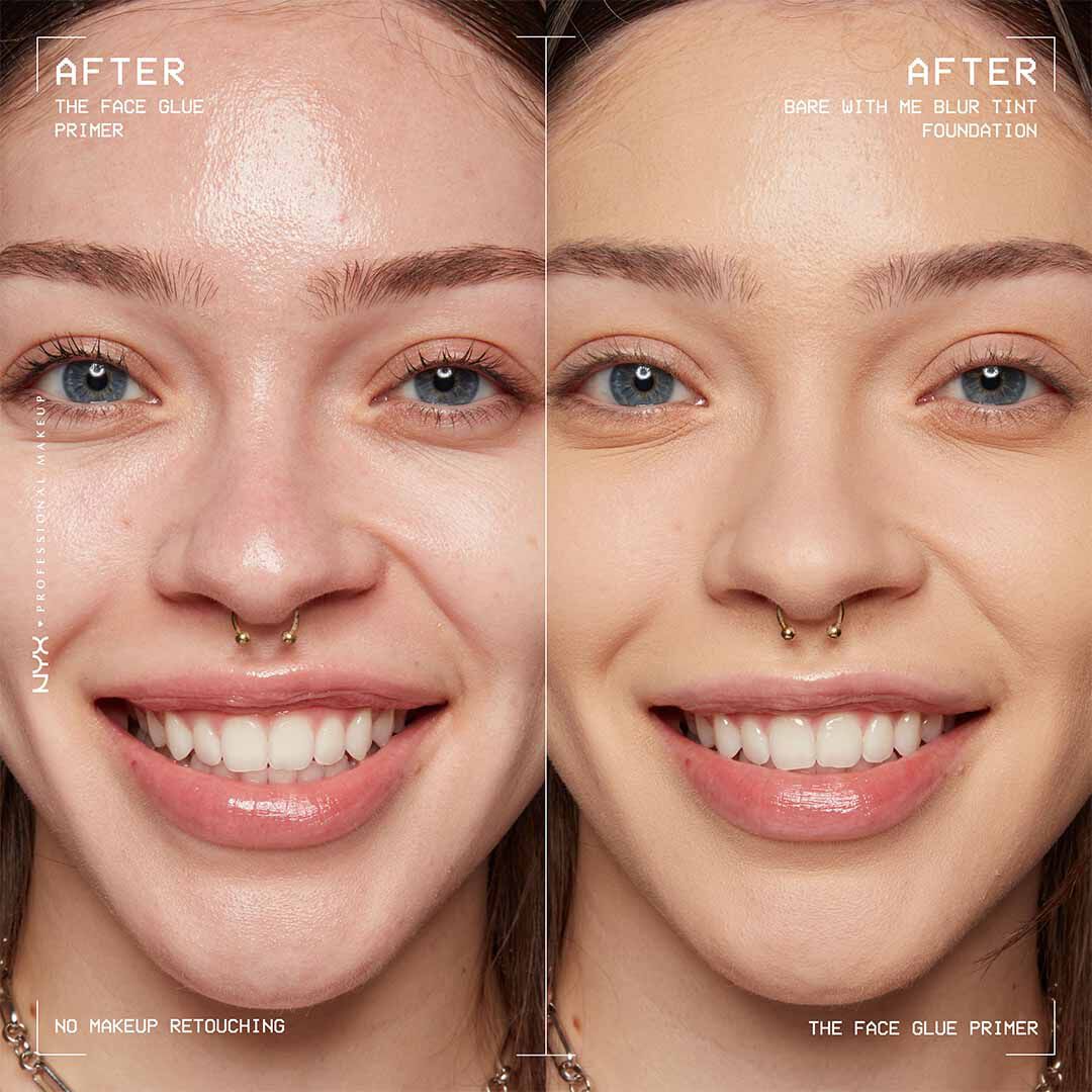 Before and after application of NYX Face Glue Primer on skin