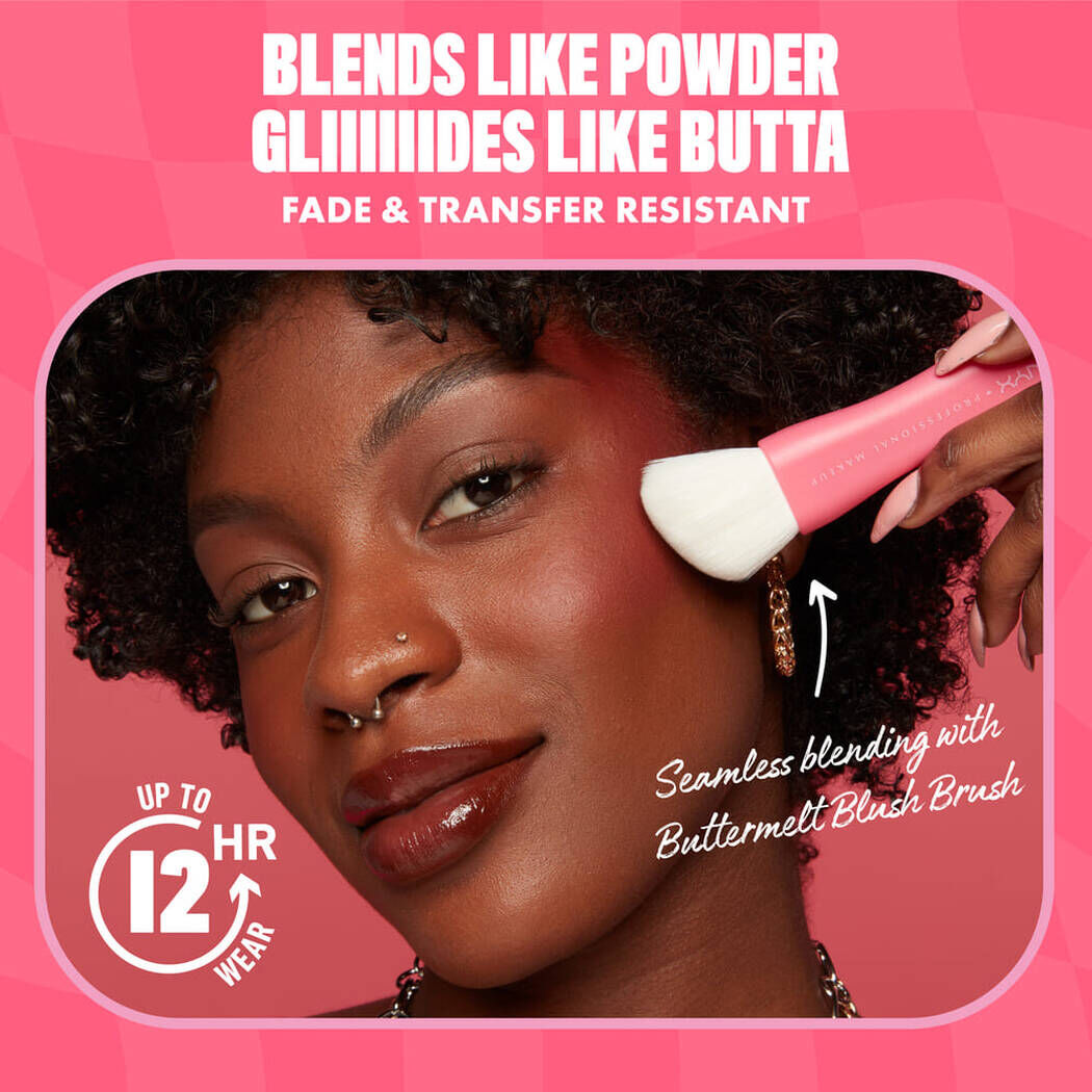 Application of Buttermelt Blush on dark skin using NYX Buttermelt Blush Brush