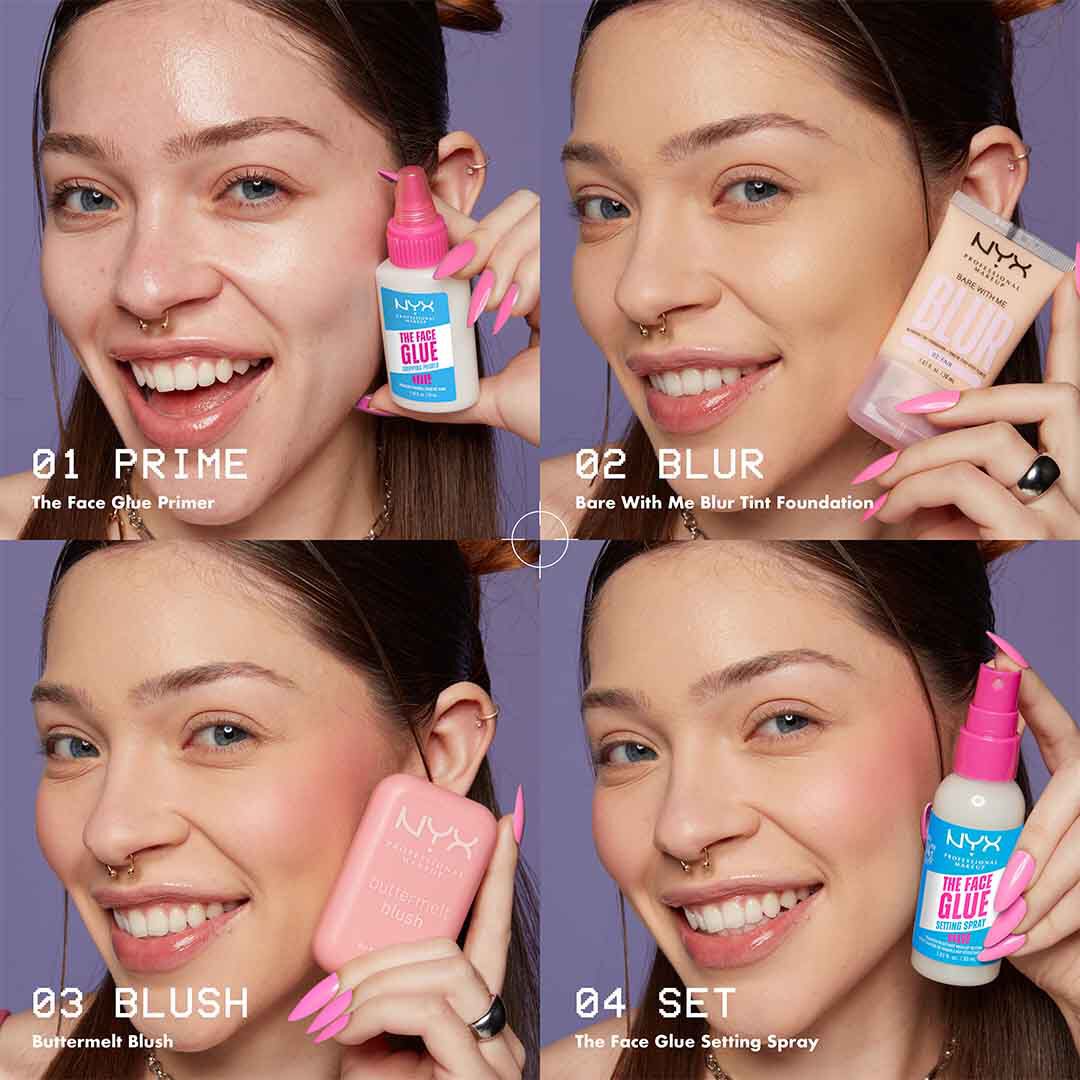 Flawless makeup with NYX Makeup Primer, Bare with Me Blur Tint Foundation, Buttermelt Blush and Face Glue Setting Spray