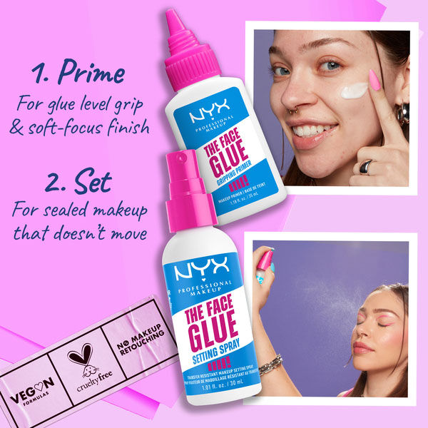 Long-lasting base with NYX Face Glue Gripping Primer and NYX Face Glue Setting Spray