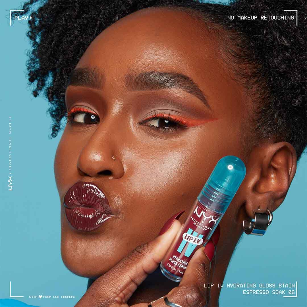 Magnesium-based lip iv hydrating gloss stain in the shade Espresso applied on dark skin