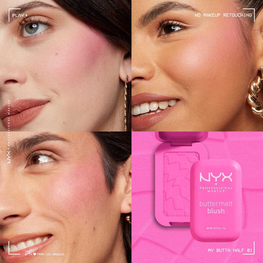 Buttermelt Blush in My Butta Half 01 applied on fair, light and medium skin tones