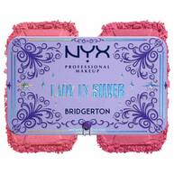 A lavender 'NYX Professional Makeup Bridgerton Blush Duo' with a decorative border, accompanied by a textured swatch of the blush color below it in shade 02 Lady In Silver