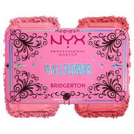 A pink 'NYX Professional Makeup Bridgerton Blush Duo' with a decorative border, accompanied by a textured swatch of the blush color below it in shade 01 Wallflower