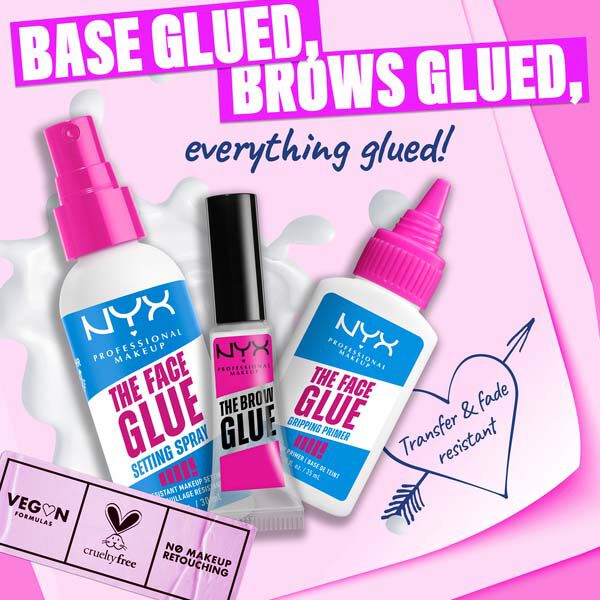 NYX long-lasting makeup: Face Glue Gripping Primer, Face Glue Setting Spray and The Brow Glue