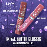 Displays two tubes of NYX Professional Makeup Bridgerton Royal Butter Gloss one in a neutral brown and another in a pinkish-nude shade, set against a purple Bridgerton-themed background. Text states: "CLAIM THOSE ROYAL LIPS!"